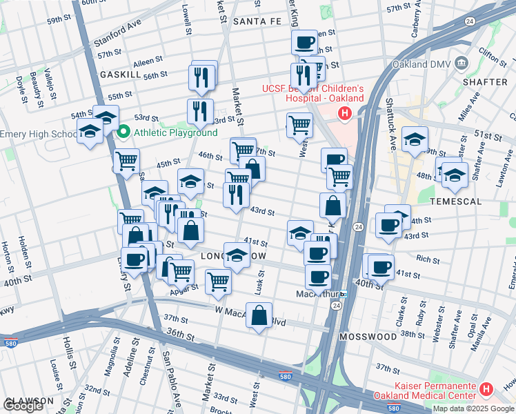 map of restaurants, bars, coffee shops, grocery stores, and more near 870 43rd Street in Oakland