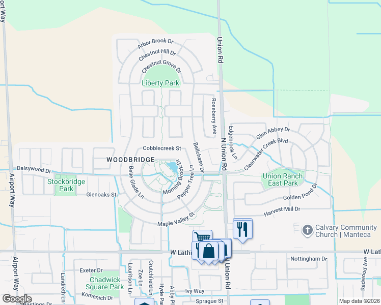 map of restaurants, bars, coffee shops, grocery stores, and more near 2478 Pepper Tree Lane in Manteca