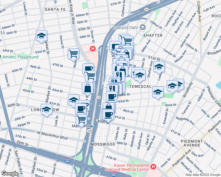 map of restaurants, bars, coffee shops, grocery stores, and more near 557 45th Street in Oakland