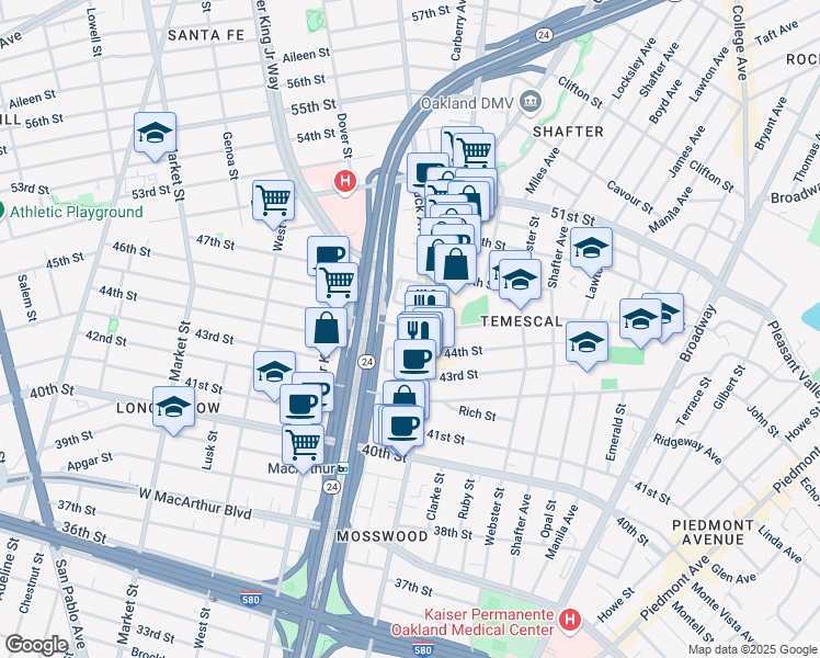 map of restaurants, bars, coffee shops, grocery stores, and more near 557 45th Street in Oakland