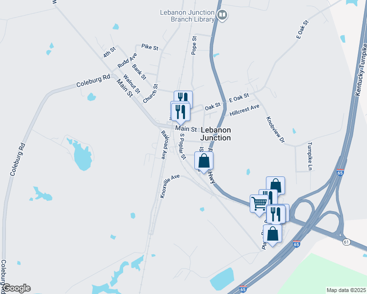 map of restaurants, bars, coffee shops, grocery stores, and more near 191 South Poplar Street in Lebanon Junction