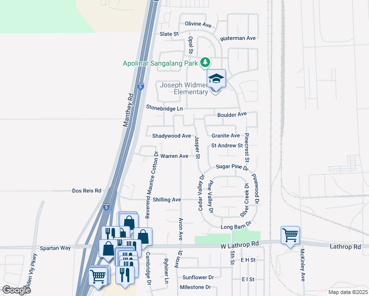 map of restaurants, bars, coffee shops, grocery stores, and more near 301 Warren Avenue in Lathrop