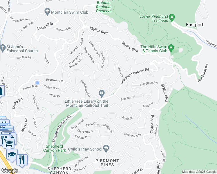map of restaurants, bars, coffee shops, grocery stores, and more near Woodrow Drive in Oakland