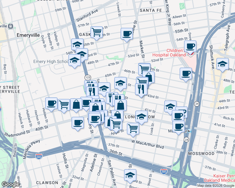 map of restaurants, bars, coffee shops, grocery stores, and more near 4240 Adeline Street in Emeryville