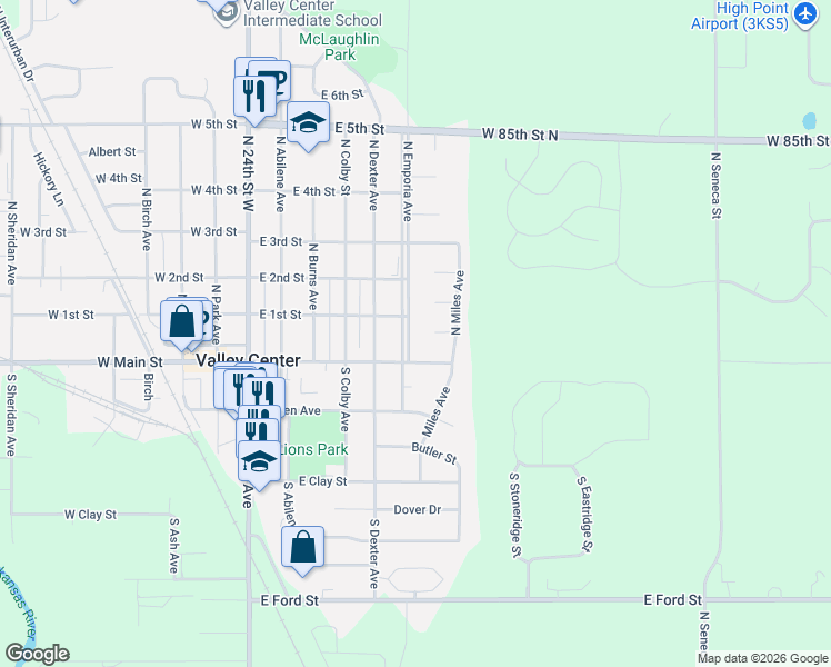 map of restaurants, bars, coffee shops, grocery stores, and more near 11 E 1st St Cir in Valley Center