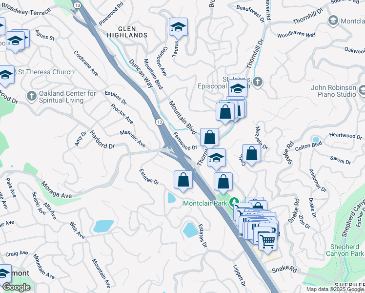 map of restaurants, bars, coffee shops, grocery stores, and more near 1581 Fernwood Drive in Oakland