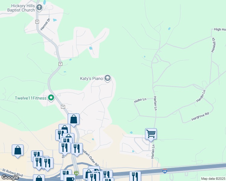 map of restaurants, bars, coffee shops, grocery stores, and more near 110 Greythorn Court in Saint Robert