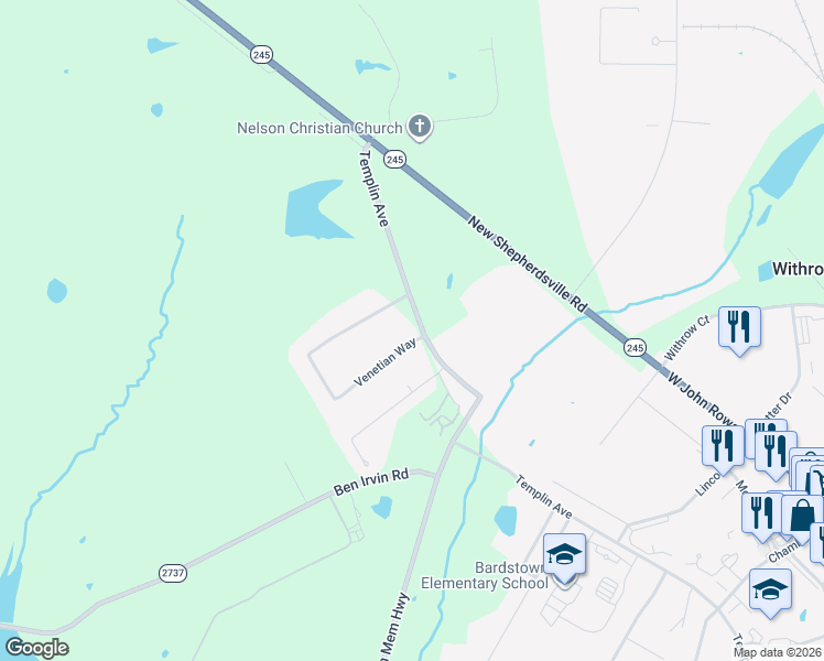 map of restaurants, bars, coffee shops, grocery stores, and more near 100 Venetian Way in Bardstown