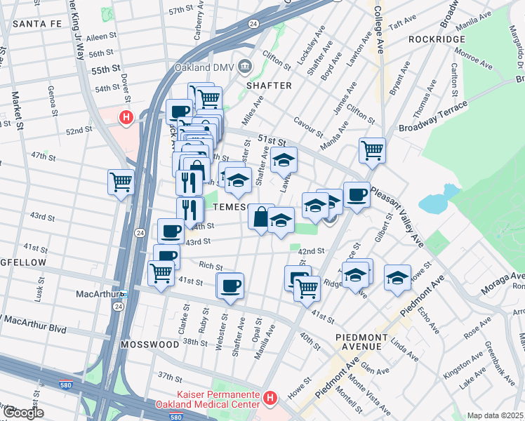 map of restaurants, bars, coffee shops, grocery stores, and more near 4415 Shafter Avenue in Oakland