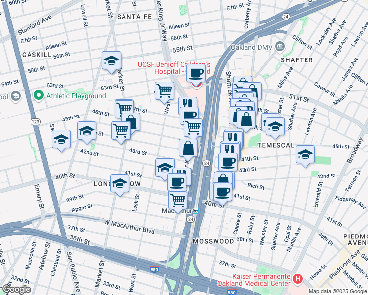 map of restaurants, bars, coffee shops, grocery stores, and more near 650 44th Street in Oakland