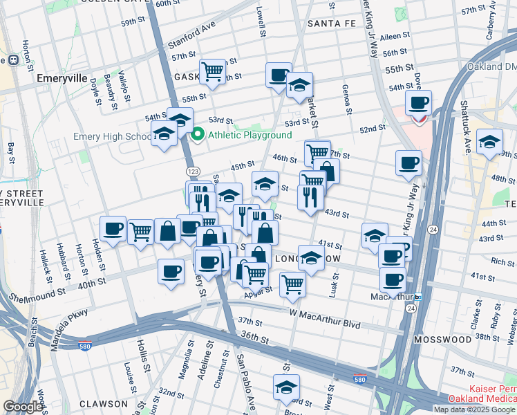 map of restaurants, bars, coffee shops, grocery stores, and more near 4240 Adeline Street in Emeryville
