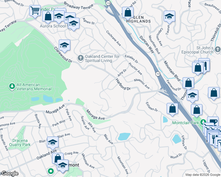 map of restaurants, bars, coffee shops, grocery stores, and more near 5621 Maxwelton Road in Piedmont