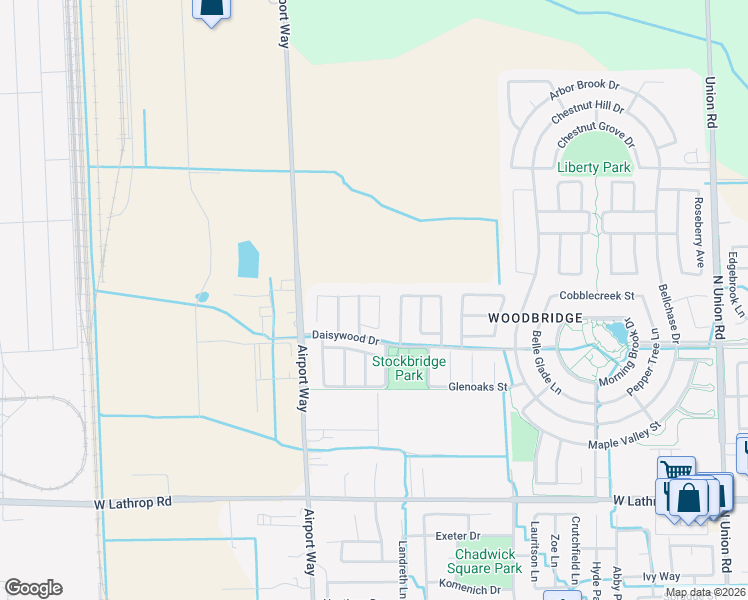map of restaurants, bars, coffee shops, grocery stores, and more near 2491 Redbud Way in Manteca