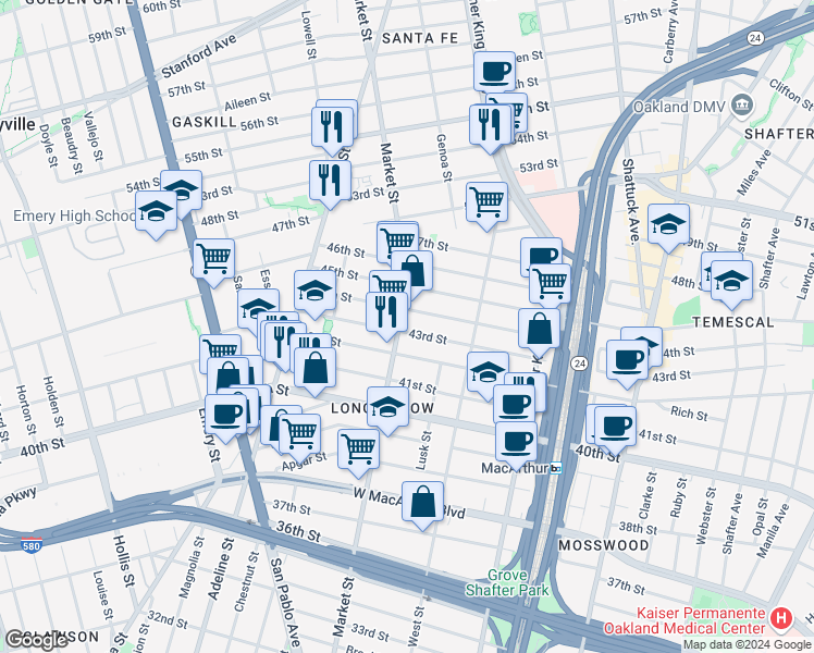 map of restaurants, bars, coffee shops, grocery stores, and more near 870 43rd Street in Oakland