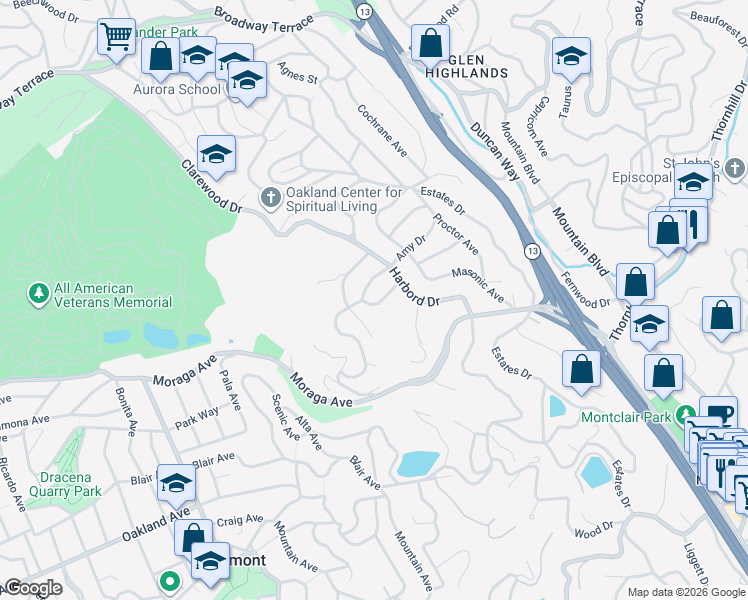 map of restaurants, bars, coffee shops, grocery stores, and more near 5621 Maxwelton Road in Piedmont