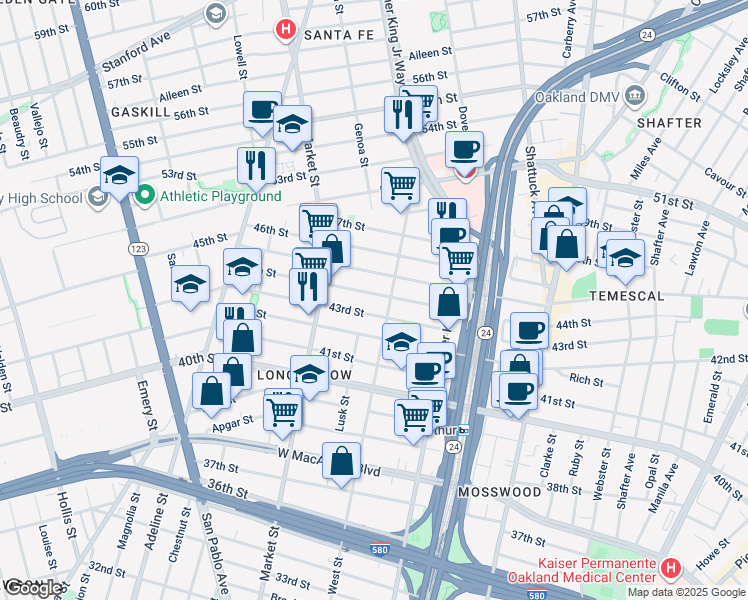 map of restaurants, bars, coffee shops, grocery stores, and more near 815 44th Street in Oakland