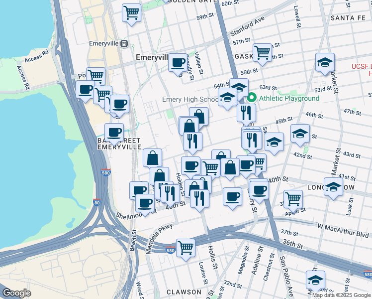 map of restaurants, bars, coffee shops, grocery stores, and more near 1299 45th St in Emeryville