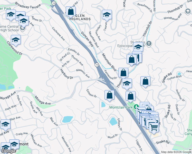 map of restaurants, bars, coffee shops, grocery stores, and more near 5799 Estates Drive in Oakland