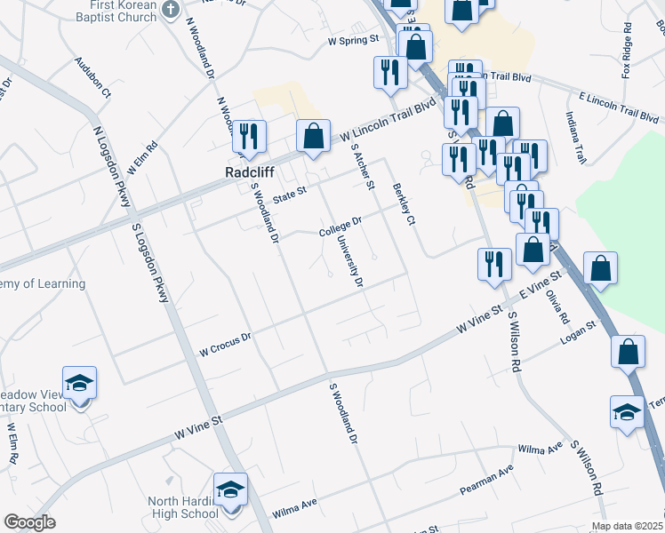 map of restaurants, bars, coffee shops, grocery stores, and more near 431 Western Circle in Radcliff