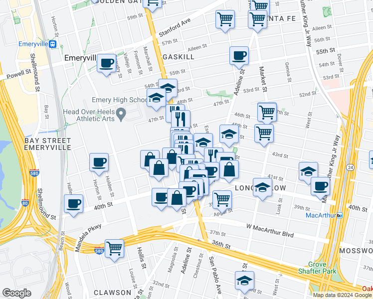 map of restaurants, bars, coffee shops, grocery stores, and more near 4300 San Pablo Avenue in Emeryville