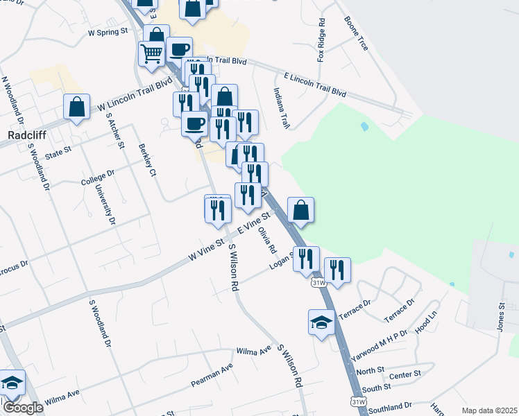 map of restaurants, bars, coffee shops, grocery stores, and more near 635 South Dixie Boulevard in Radcliff