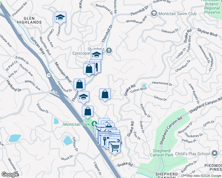 map of restaurants, bars, coffee shops, grocery stores, and more near Mendoza Drive in Oakland