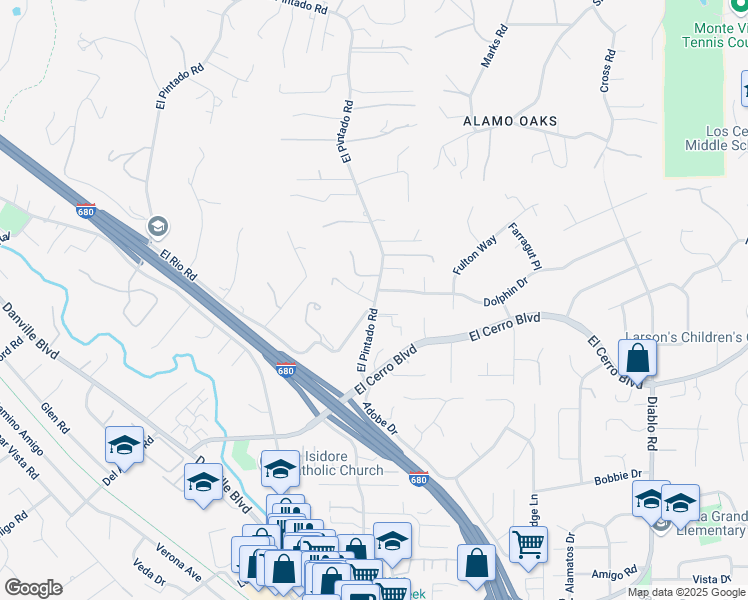 map of restaurants, bars, coffee shops, grocery stores, and more near 523 El Pintado Road in Danville