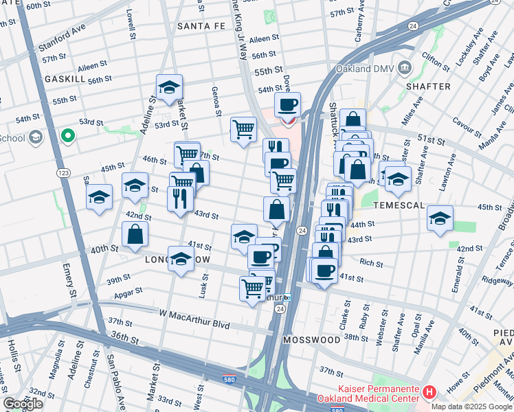 map of restaurants, bars, coffee shops, grocery stores, and more near 737 44th Street in Oakland