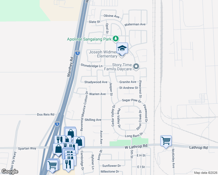 map of restaurants, bars, coffee shops, grocery stores, and more near 14080 Jasper Street in Lathrop
