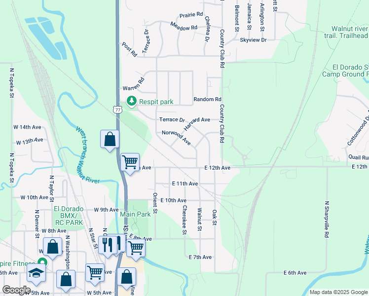 map of restaurants, bars, coffee shops, grocery stores, and more near 1300 Lawndale Avenue in El Dorado