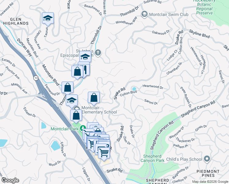 map of restaurants, bars, coffee shops, grocery stores, and more near 6091 Colton Boulevard in Oakland