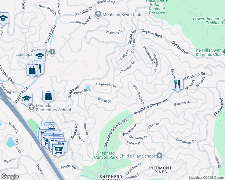map of restaurants, bars, coffee shops, grocery stores, and more near 6688 Colton Boulevard in Oakland