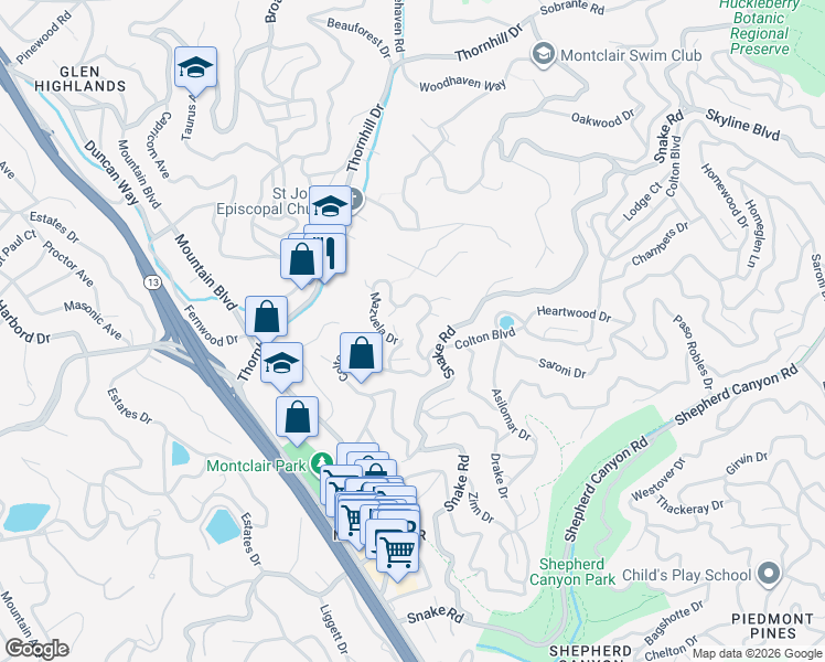 map of restaurants, bars, coffee shops, grocery stores, and more near 6091 Colton Boulevard in Oakland