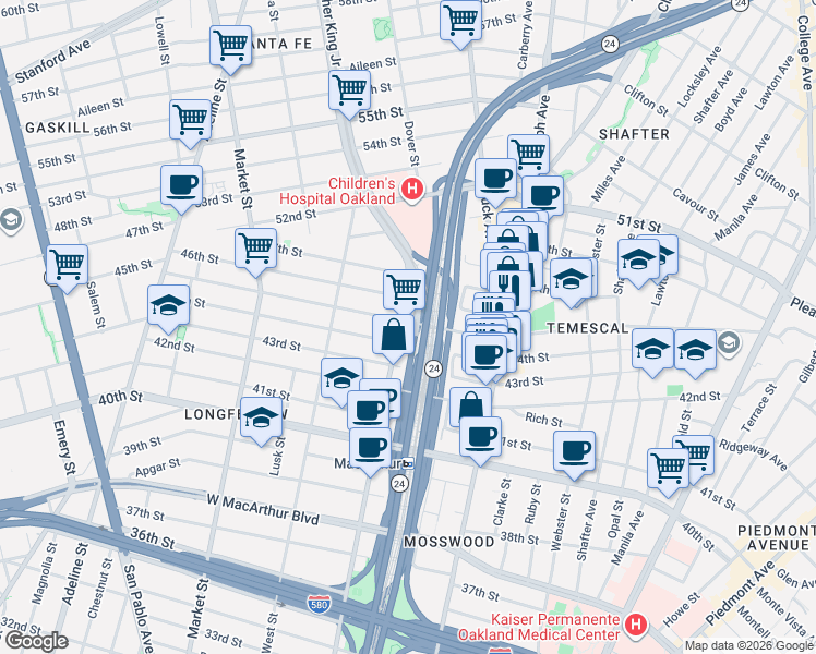 map of restaurants, bars, coffee shops, grocery stores, and more near 648 44th Street in Oakland