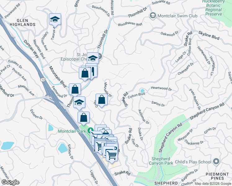 map of restaurants, bars, coffee shops, grocery stores, and more near 6091 Colton Boulevard in Oakland