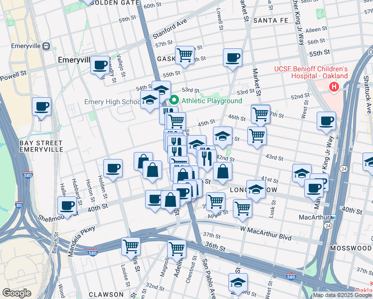 map of restaurants, bars, coffee shops, grocery stores, and more near 1092 43rd Street in Emeryville