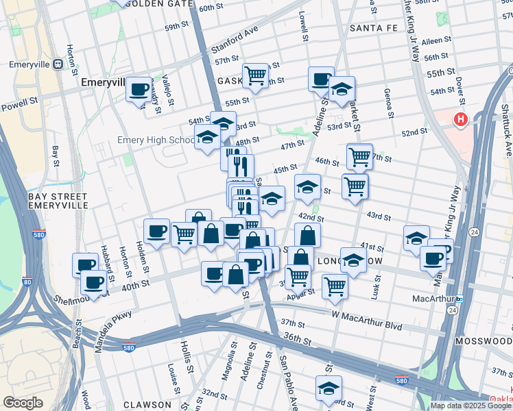 map of restaurants, bars, coffee shops, grocery stores, and more near 1092 43rd Street in Emeryville