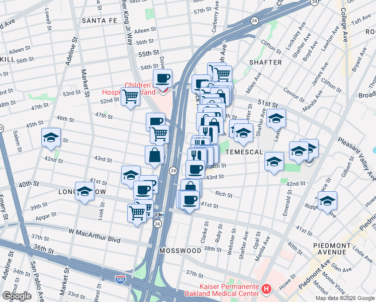 map of restaurants, bars, coffee shops, grocery stores, and more near 557 45th Street in Oakland