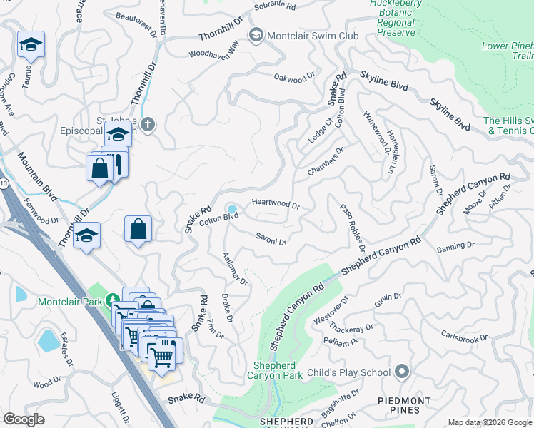 map of restaurants, bars, coffee shops, grocery stores, and more near 6639 Morningstar Court in Oakland