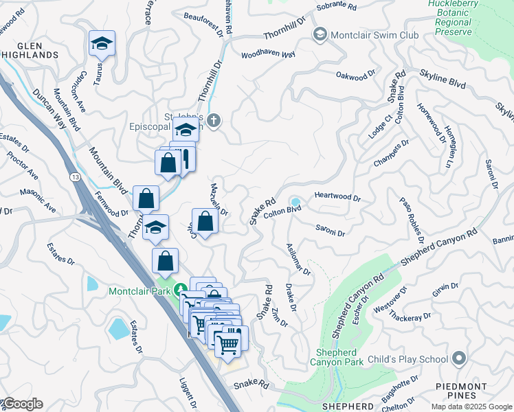 map of restaurants, bars, coffee shops, grocery stores, and more near 6415 Snake Road in Oakland