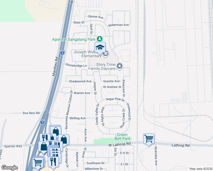 map of restaurants, bars, coffee shops, grocery stores, and more near 770 Saint Andrew Street in Lathrop