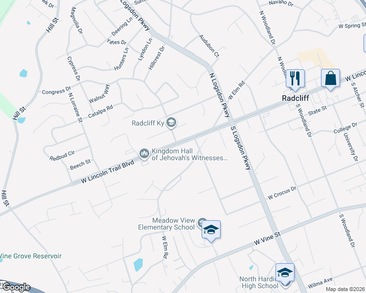 map of restaurants, bars, coffee shops, grocery stores, and more near 1220 West Lincoln Trail Boulevard in Radcliff