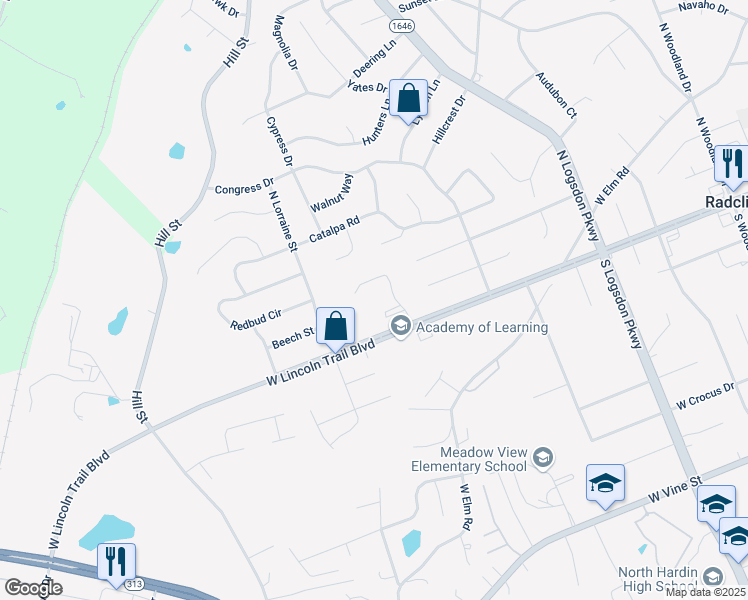map of restaurants, bars, coffee shops, grocery stores, and more near 1509 West Lincoln Trail Boulevard in Radcliff