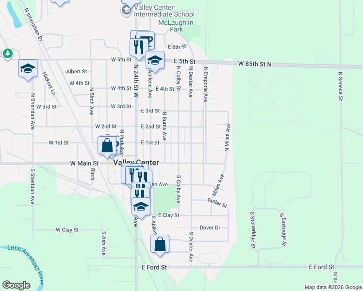 map of restaurants, bars, coffee shops, grocery stores, and more near 122 North Colby Avenue in Valley Center