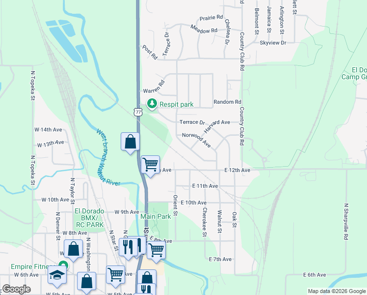 map of restaurants, bars, coffee shops, grocery stores, and more near 1411 Lawndale Avenue in El Dorado