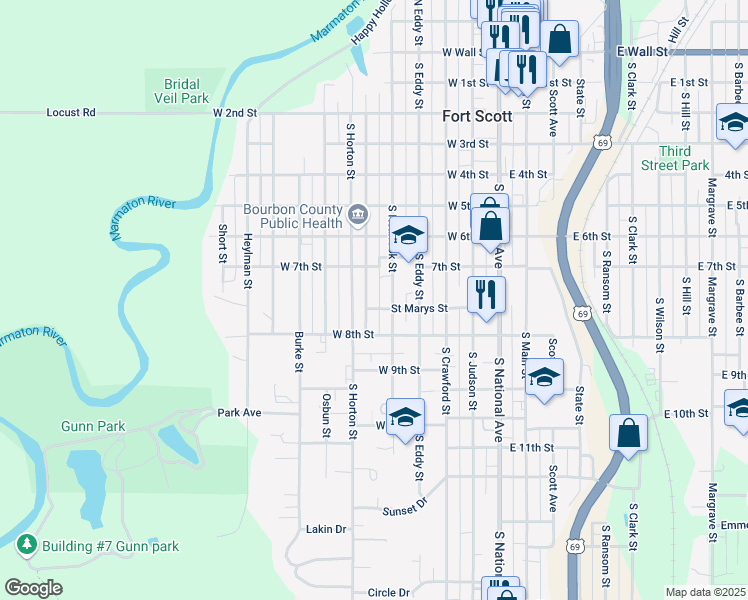 map of restaurants, bars, coffee shops, grocery stores, and more near 749 South Lowman Street in Fort Scott