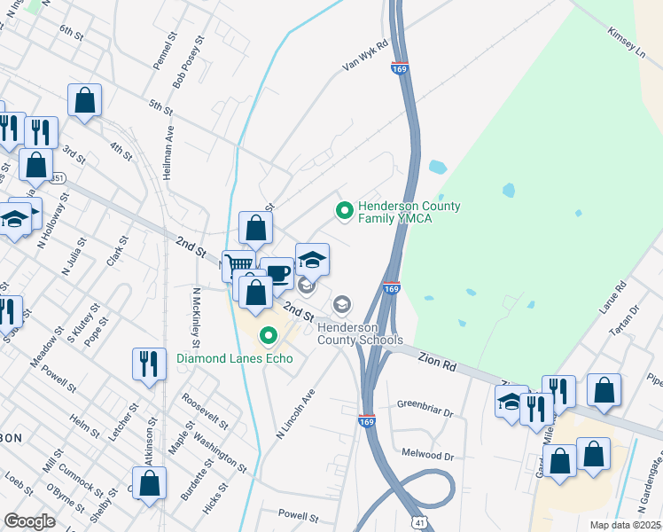 map of restaurants, bars, coffee shops, grocery stores, and more near 1707 2nd Street in Henderson