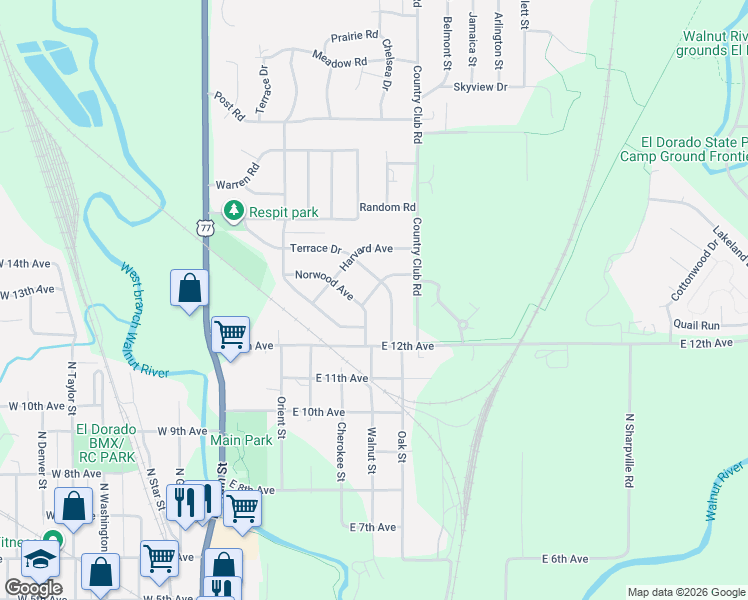 map of restaurants, bars, coffee shops, grocery stores, and more near 1333-1355 Crescent Drive in El Dorado