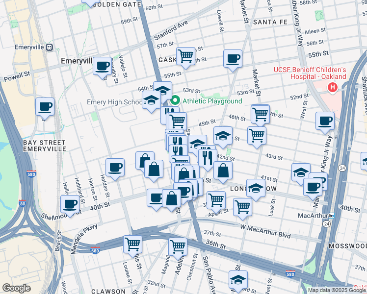 map of restaurants, bars, coffee shops, grocery stores, and more near 1092 43rd Street in Emeryville