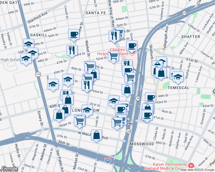 map of restaurants, bars, coffee shops, grocery stores, and more near 810 44th Street in Oakland